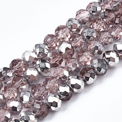 Pale Violet Red Electroplate Glass Bead Strands, Half Silver Plated, Faceted, Rondelle, Pale Violet Red, 4x3mm, Hole: 1mm, about 120~128pcs/strand, 16.14 inch(41cm)