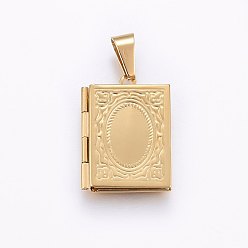 Chapado en Oro Real 18K 316 colgantes de medallón de acero inoxidable para el día del maestro, libro, real 18 k chapado en oro, 26x19x4.5 mm, agujero: 10x5 mm, tamaño interno: 15x10 mm