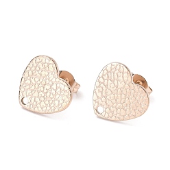 Rose Gold Ion Plating(IP) 304 Stainless Steel Stud Earring Findings, with Ear Nuts, Textured Heart, Rose Gold, 12x13mm, Hole: 1.5mm, Pin: 0.7mm