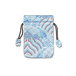 Аква Тканевые сумки в китайском стиле с пейзажным принтом, мешочки на шнурке для хранения украшений, прямоугольные, вода, 15x10 см