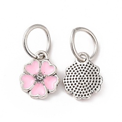 Pink Style émail charmes alliage de fleur en strass, avec les accessoires en fer, argent antique, rose, 13.5x11x3mm, Trou: 6mm