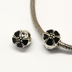 Negro Granos europeos de la flor del esmalte de la aleación del estilo de gran agujero, plata antigua, negro, 10x11 mm, agujero: 4 mm