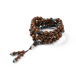 Saddle Brown Natural & Synthetic Stone and Wood Beads Necklace, Buddha Head Pendant Necklae, Mala Prayer Necklace, Saddle Brown, 28.35 inch(72cm)