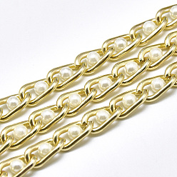 Light Gold Aluminium Curb Chains, with ABS Plastic Imitation Pearl, with Spool, Unwelded, Light Gold, 12x6x2mm, Bead: 4mm, about 16.4 Feet(5m)/roll