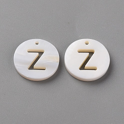Letter Z Natural Freshwater Shell Pendants, Flat Round with Letter, Letter.Z, 12x1.5mm, Hole: 1mm