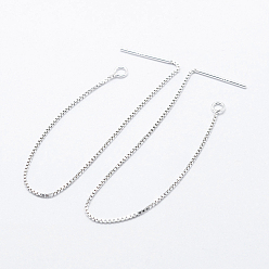 Silver 925 Sterling Silver Ear Stud Findings, with 925 Stamp, Ear Thread, with Box Chain, Silver, 100x0.8mm, Hole: 1mm, Pin: 0.8mm