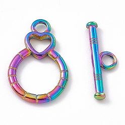 Rainbow Color Ion Plating(IP) 304 Stainless Steel Toggle Clasps, Flat Round with Heart, Rainbow Color, Bar: 6x19.5x2mm, hole: 2.5mm, Flat Round with Heart: 21x13.5x2mm, hole: 2.5mm