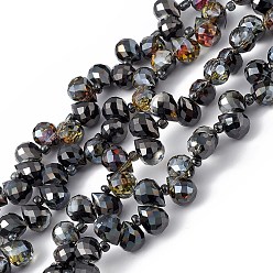 Black Transparent Electroplate Glass Beads Strands, Faceted, Top Drilled Teardrop, Half Plated, Black, 10x7.5~8mm, Hole: 0.8~1mm, about 95~100pcs/strand, 23.23~26.77(59~68cm)