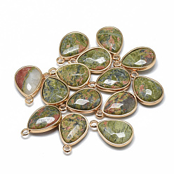 Unakite Natural Unakite Pendants, with Golden Tone Brass Findings, Faceted, teardrop, 23x14~15x6~7mm, Hole: 2mm