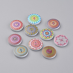 Mixed Color 2-Hole Printed Wooden Buttons, Dyed, Flat Round with Pattern, Mixed Color, 20x4.5mm, Hole: 1.5mm
