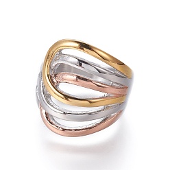 Mixed Color 304 Stainless Steel Finger Rings, Tri-color Wide Band Rings, Mixed Color, Size 6~9, 16~19mm