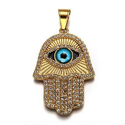 Golden Ion Plating(IP) 304 Stainless Steel Enamel Pendants, with Rhinestone and Glass, Religion, Hamsa Hand/Hand of Fatima/Hand of Miriam with Evil Eye, Golden, 57.5x39x4mm, Hole: 7.5x11mm