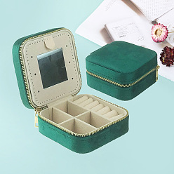Green 2-Tier Square Velvet Jewelry Storage Zipper Boxes with Mirror Inside, Portable Travel Jewelry Organizer Case for Rings, Earrings, Necklaces, Bracelets Storage, Green, 10x10x5cm