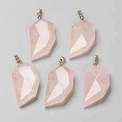 Rose Quartz Natural Rose Quartz Pendants, Lover Half Heart Stone Faceted Charms with Platinum Brass Snap on Bails, 39x21x8.5mm, Hole: 4x3.5mm