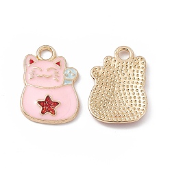 Pink Alloy Enamel Pendants, Cat with Star Charm, Golden, Pink, 18.5x12.5x1.5mm, Hole: 2mm
