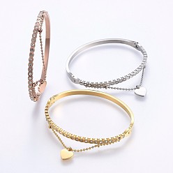 Mixed Color 304 Stainless Steel Bangles, with Rhinestone, Heart, Mixed Color, 5.8x4.8cm, 1.5~6mm