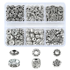 Plata Antigua 255 piezas 6 cuentas de espaciador de aleación de estilo tibetano y diamantes de imitación de hierro, rondelle & bicono & flor & barril, plata antigua, 6~8x3~6 mm, agujero: 1~2.5 mm