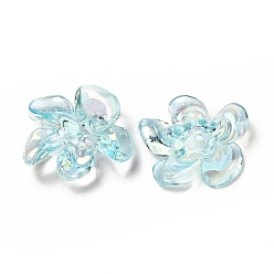 Cyan Transparentes bouchons acrylique de perles, couleur ab , Flower 5 pétales, cyan, 20.5x24x7mm, Trou: 1.5mm