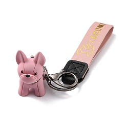 Pink Imitation Leather Clasps Keychain, with Resin Pendants and Zinc Alloy Findings, Dog, Gunmetal, Pink, 18.3cm
