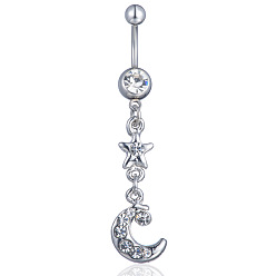 Crystal Rhinestone Moon & Star Dangle Belly Ring, Alloy Navel Ring with 316L Surgical Stainless Steel Bar for Women Piercing Jewelry, Crystal, 53x10mm