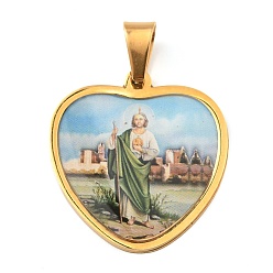 Oro Revestimiento iónico (ip) 304 colgantes de acero inoxidable, con esmalte, corazón con amuleto de santo, religión, dorado, 31x29x2 mm, agujero: 9x5.5 mm