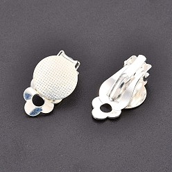 Silver Brass Blank Base Clip-on Earring Cabochon Setting, with Round Flat Pad, for Non-Pierced Ears, Silver Color Plated, Flat Round Tray: 12mm, 17~20x12mm, Hole: 1.5mm