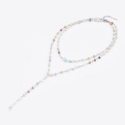Flower Amazonite Natural Flower Amazonite Lariat Necklaces, with Stainless Steel Findings and Yoga Charms, Packing Box, 33 inch(84cm)