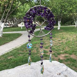 Amethyst Metal Wire Wrapped Natural Amethyst Chips Flat Round with Tree of Life Pendant Decorations. Hanging Suncatchers, with Glass Teardrop Charm, 300x80mm