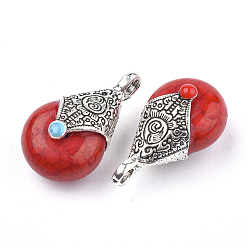 Red Tibetan Style Resin Pendants, with Alloy & Enamel, teardrop, Antique Silver, Red, 28x16x14mm, Hole: 2~3.5mm