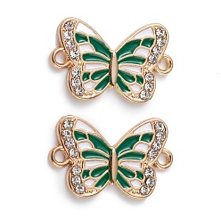 Green Alloy Enamel Connector Charms, Butterfly Links with Crystal Rhinestone, Light Gold, Cadmium Free & Nickel Free & Lead Free, Green, 21x13x1.7mm, Hole: 1.6mm