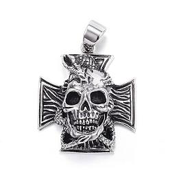 Antique Silver 316 Surgical Stainless Steel Pendants, Cross with Skull, Antique Silver, 44x38x16mm, Hole: 8x11mm