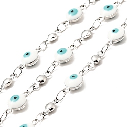 White Enamel Flat Round with Evil Eye Link Chains, with Stainless Steel Color Plated 304 Stainless Steel Findings, Unwelded, with Spool, White, 11x6x3mm, 8x3x2mm