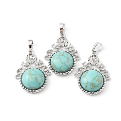 Synthetic Turquoise Synthetic Turquoise Pendants, with Rack Plating Brass Findings, Cadmium Free & Lead Free, Flat Round & Flower, 34~34.5x25.5~26x8.5~9mm, Hole: 8x5.5mm
