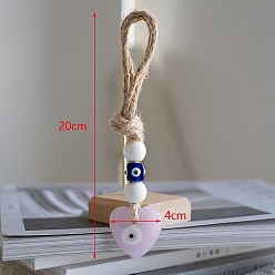 Pearl Pink Glass Heart with Evil Eye Pendants Decorations, with Wood Bead and Jute Rope Wall Hanging Ornaments, Pearl Pink, 200x40mm