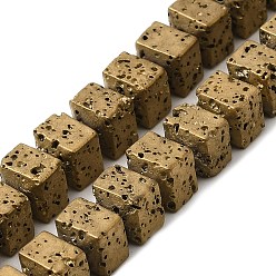 Golden Plated Electroplated Natural Lava Rock Beads Strands, Rectangle, Golden Plated, 6x6.5x6.5mm, Hole: 1mm, about 68pcs/strand, 16.54''~16.93''(42~43cm)