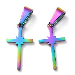 Rainbow Color Placage ionique (ip) 304 pendentifs en acier inoxydable, pour la fabrication de bijoux, croix, couleur arc en ciel, 20x11x1.2mm, Trou: 3.5x7mm