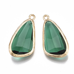 Green Glass Pendants, with Brass Findings, Faceted, teardrop, Golden, Green, 28.5x14x6mm, Hole: 1.5mm