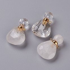 Quartz Crystal Teardrop Natural Quartz Crystal Perfume Bottle Pendants, Rock Crystal, with 304 Stainless Steel Findings, Faceted, Golden, 26~26.5x17x8~8.5mm, Hole: 1.4mm, Capacity: about 2ml(0.06 fl. oz)