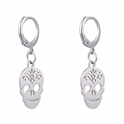Stainless Steel Color 304 Stainless Steel Leverback Earrings, with 201 Stainless Steel Pendants, Skull, Stainless Steel Color, 34mm, Pin: 0.6x0.8mm