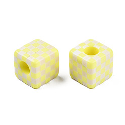 Jaune Perles européennes en résine opaque, Perles avec un grand trou   , cube avec motif tartan, jaune, 20x20x20mm, Trou: 9mm