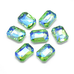 Light Green Pointed Back Glass Rhinestone Cabochons, Back Plated, Faceted, AB Color Plated, Rectangle Octagon, Light Green, 18x13x5mm