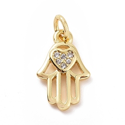 Golden Brass Micro Pave Cubic Zirconia Palm Charms, with Jump Ring, Hamsa Hand with Heart Charm, Golden, 14x9x2mm, Hole: 2.8mm