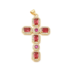Crimson Rack Plating Brass Pendants, with Glass Cubic Zirconia, Religion Cross Charm, Cadmium Free & Lead Free, Long-Lasting Plated, Real 18K Gold Plated, Crimson, 46x26x4mm, Hole: 5X3mm