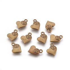 Antique Bronze Tibetan Style Alloy Charms Pendants, Heart with Flower, Cadmium Free & Nickel Free & Lead Free, Antique Bronze, 14x11x3mm, Hole: 1mm