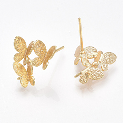 Real 18K Gold Plated Brass Stud Earring Findings, with Loop, Butterfly, Nickel Free, Real 18K Gold Plated, 13.5x12mm, Hole: 1mm, Pin: 0.8mm