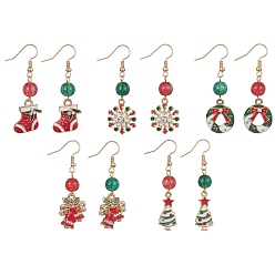 Mixed Shapes Christmas Theme Alloy Enamel Dangle Earrings with Resin Beaded, Mixed Shapes, 45~51x10.5~16.5mm