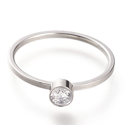 Cristal 304 anillos de dedo del acero inoxidable, con diamante de imitación, plano y redondo, color acero inoxidable, cristal, tamaño de EE. UU. 7~7 3/4 (17.3~17.9 mm)