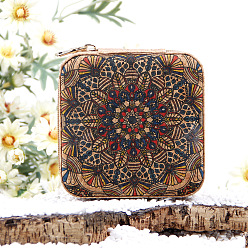 Flor Caja con cremallera para embalaje de joyería de madera de corcho cuadrada impresa portátil étnica para almacenamiento de collares y pendientes, flor, 12x12x5 cm