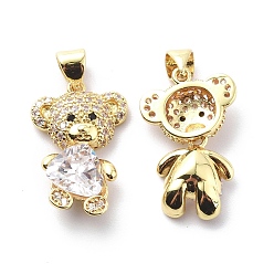 Clear Brass Cubic Zirconia Pendants, Bear with Heart Charm, Real 18K Gold Plated, Clear, 21x13.5x5~5.5mm, Hole: 3.5x4.5mm