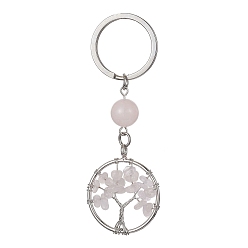 Rose Quartz Natural Rose Quartz Chips Flat Round with Tree of Life Kcychain, with 304 Stainless Steel Findings, 8cm